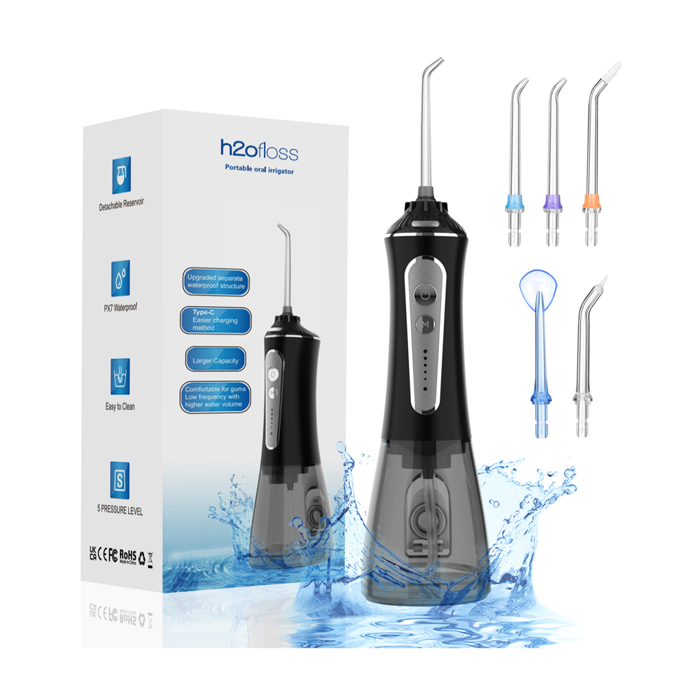 H2ofloss Dental Water flosser Power Pulse Pro HF-P11, All in one Oral Solution, 05 Professional Dental Nozzle Included , Black , FDA Approved
